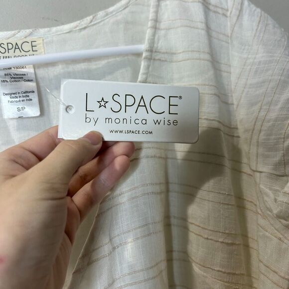 L*space Emilie V-Neck Side Knot Tie Wrap Dress White Tan Stripes Women Small NWT - Picture 7 of 8